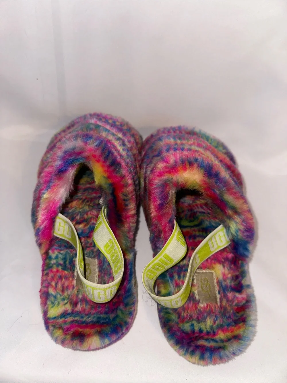 UGG Kids Neon Rainbow Fuzzy Slide Sandals in Multicolor